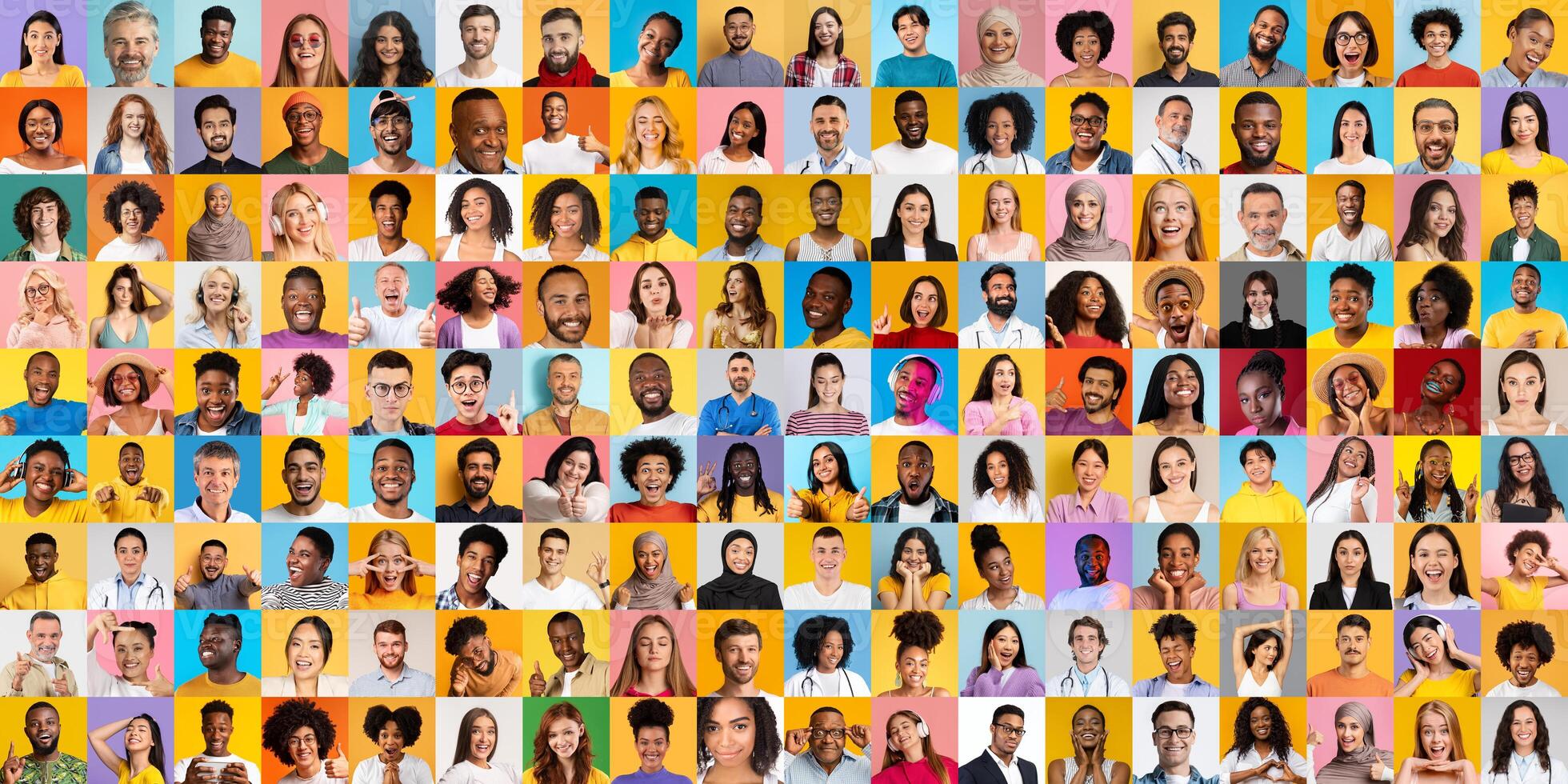 A captivating collection showcases multiracial individuals with various expressions and styles, highlighting the beauty of diversity. Each face reflects unique cultural backgrounds and lifestyles. photo