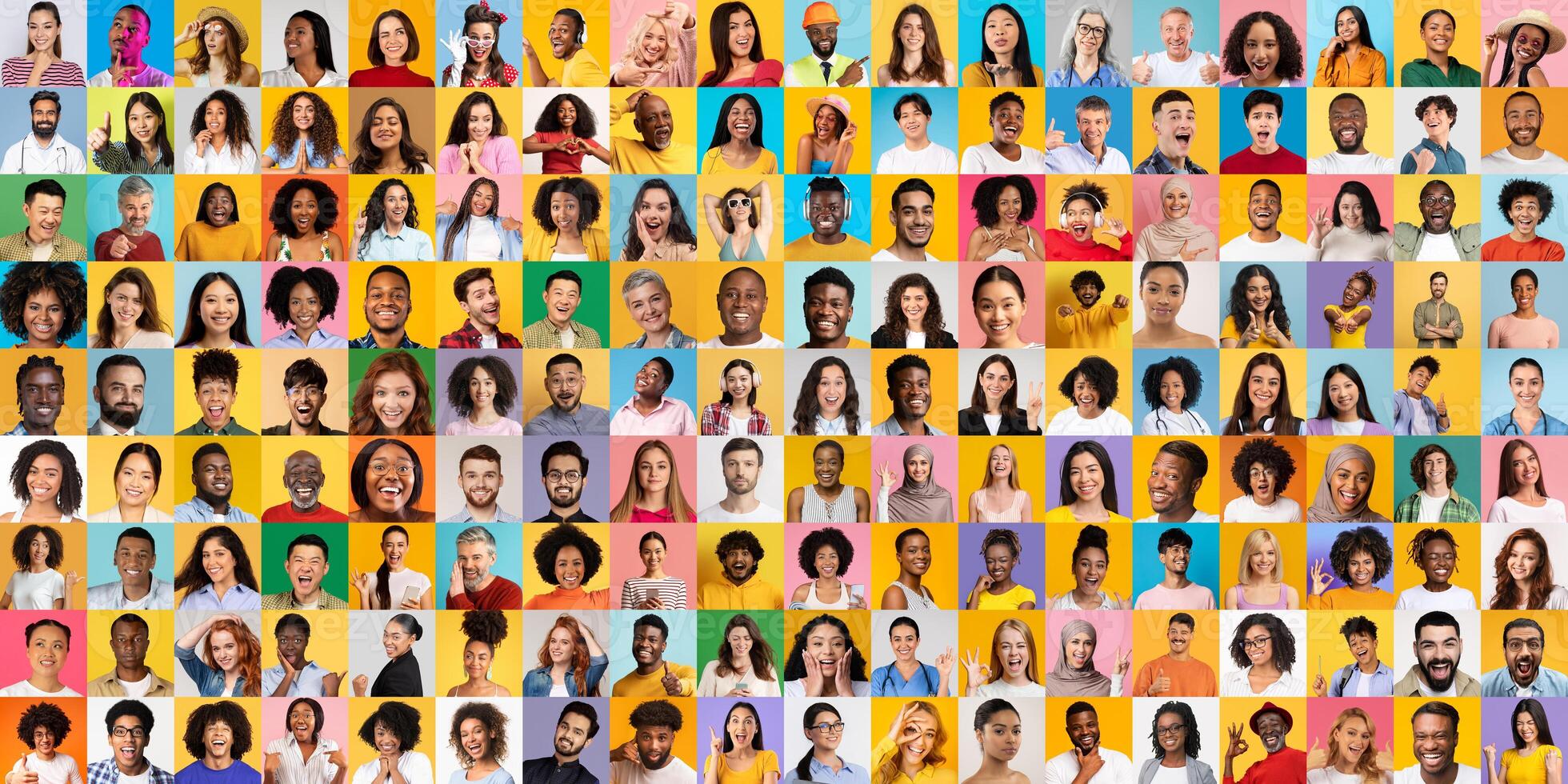 A vibrant collage showcases a diverse group of people from different backgrounds smiling joyfully. Each individual reflects unique lifestyles and cultures, creating a sense of unity and inclusion. photo