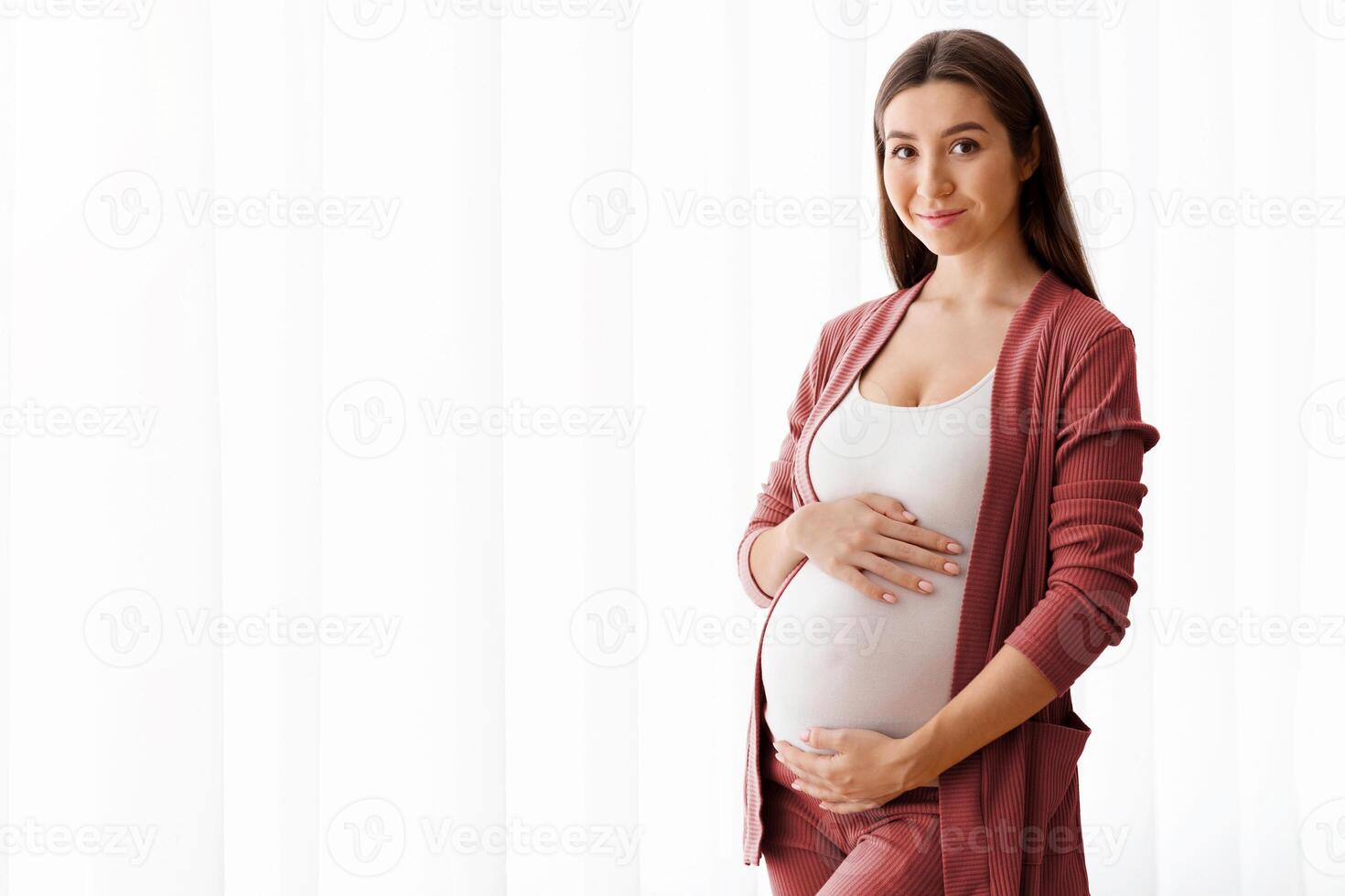 Portrait Of Beautiful Pregnant Woman Standing Near Window At Home, Embracing Belly. Young Expectant Mother Tenderly Touching Her Tummy And Smiling At Camera, Enjoying Pregnancy Time, Copy Space photo