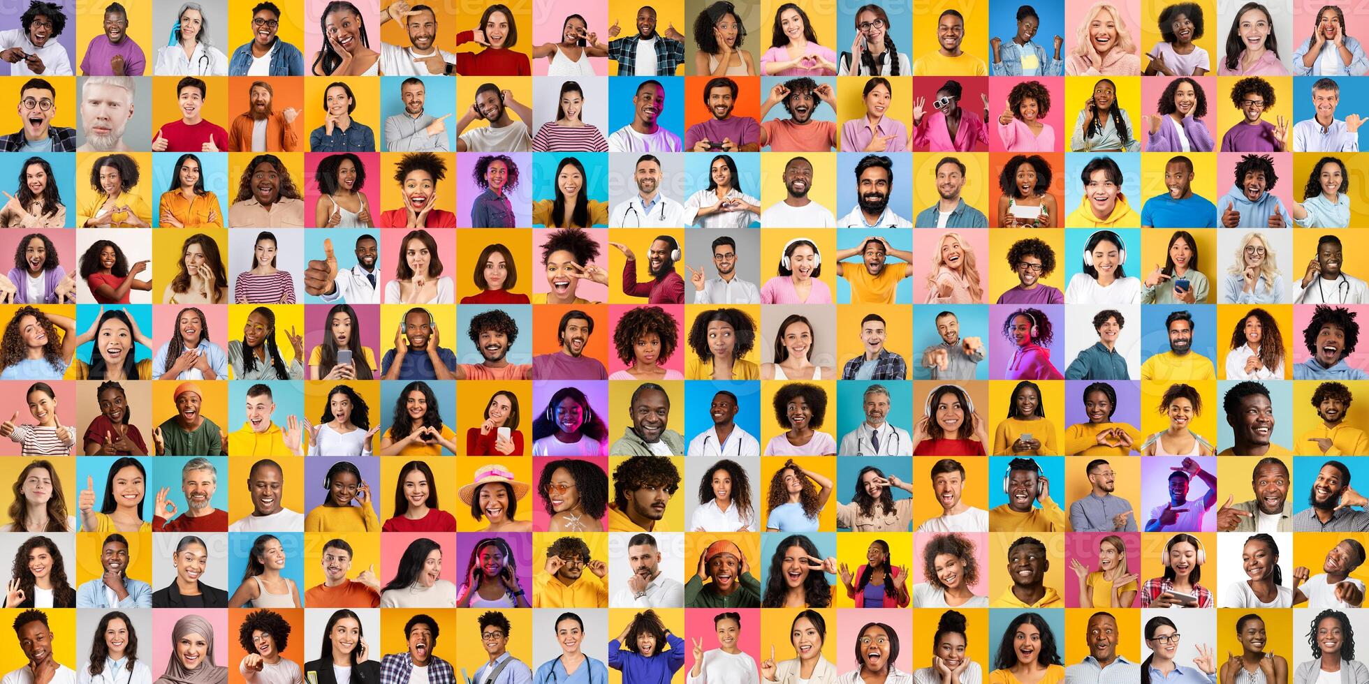A vibrant collage features a collection of diverse faces from various backgrounds, each expressing different lifestyles and emotions photo