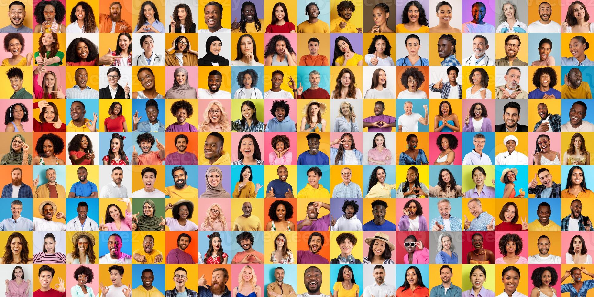 A vibrant collage features a diverse group of people, showcasing a variety of cultures and lifestyles. Each portrait captures unique expressions and styles against colorful backgrounds. photo