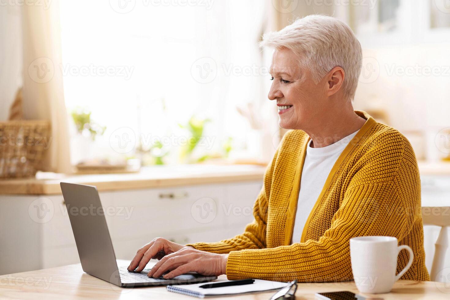 Cheerful grey-haired senior woman sitting in kitchen and using modern laptop, typing on keyboard, copy space. Smiling old lady looking for new recipes online or chatting with friends, family photo