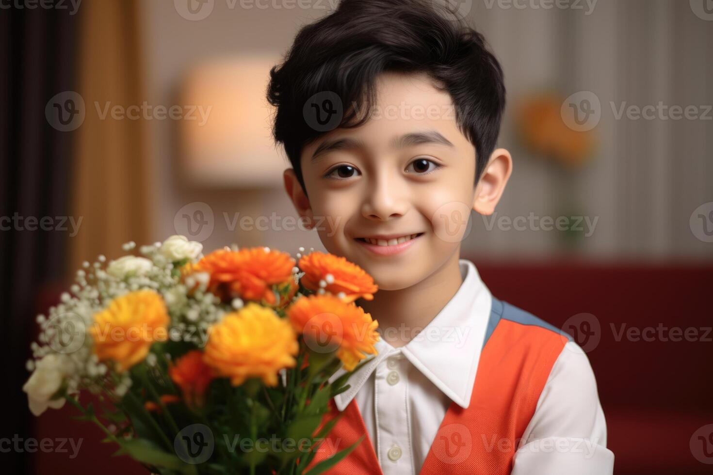A young boy holding a bouquet of flowers. photo