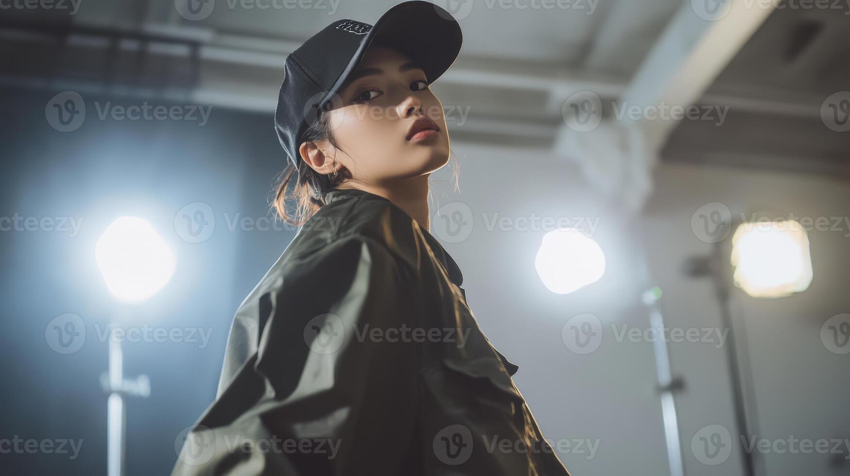 A woman wearing a hat and jacket in a studio photo