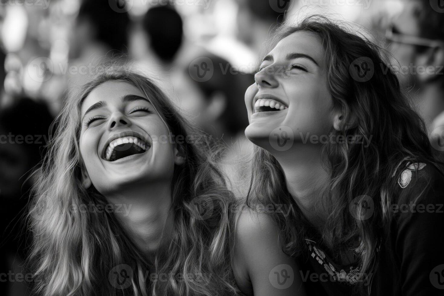 Two women laughing together at a concert photo