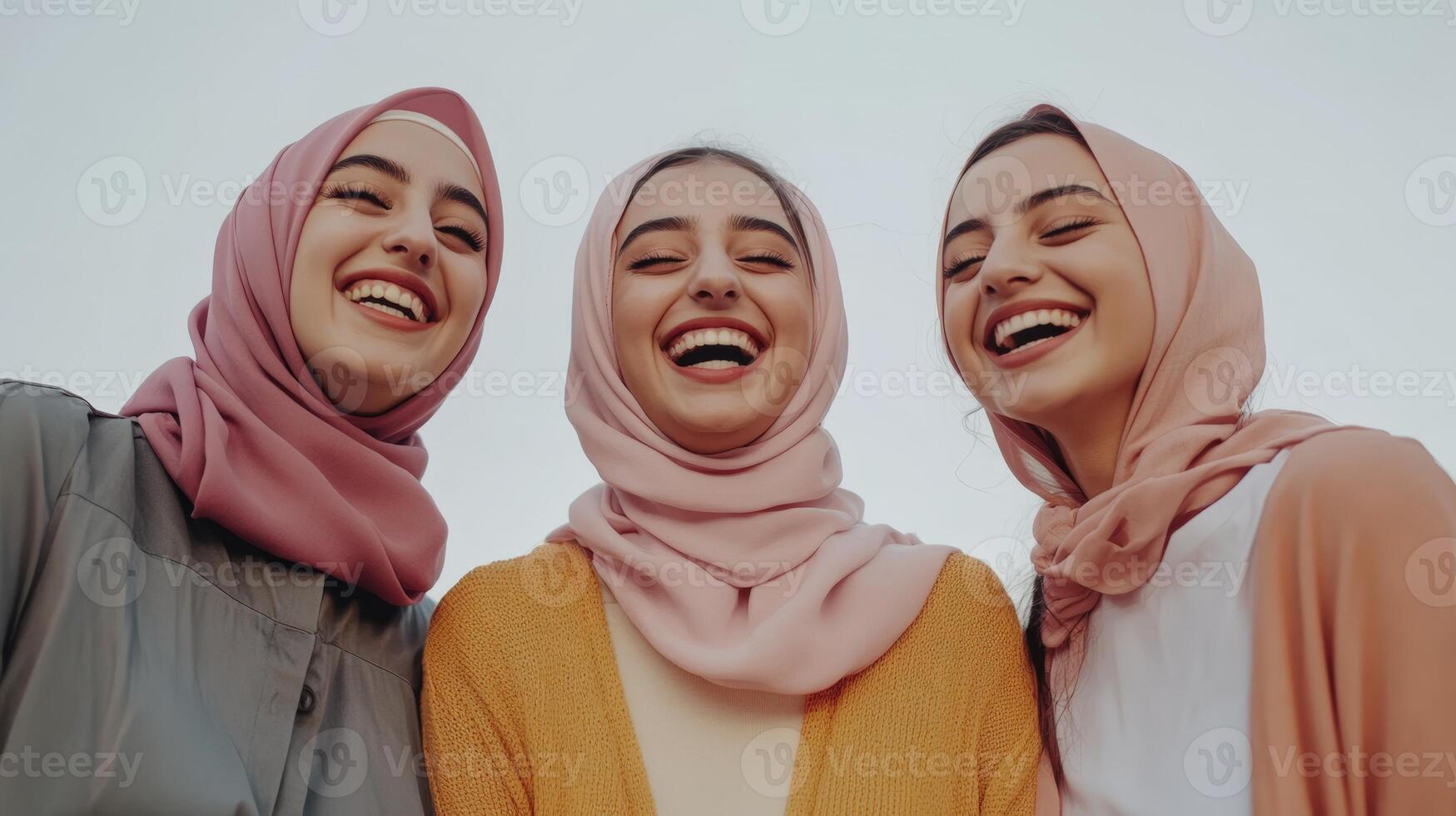 Three women wearing headscarves and smiling photo