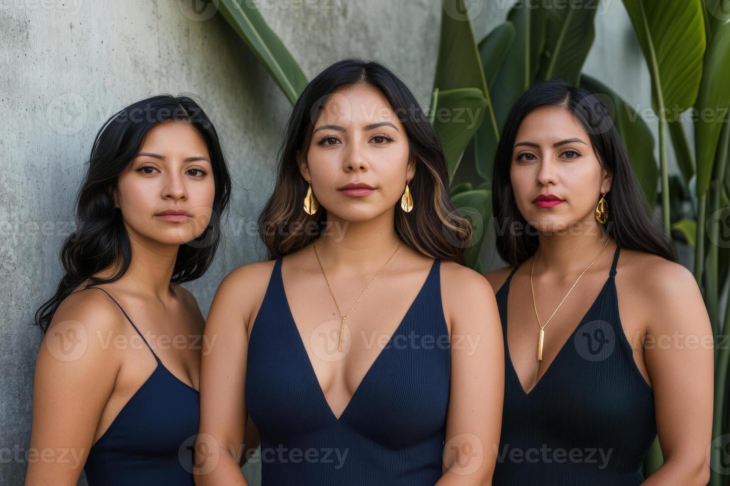 Three women in black dresses standing next to each other photo