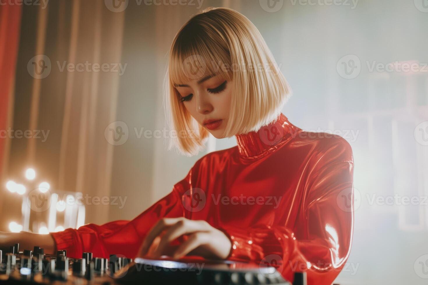 A woman in a red dress is playing a dj set photo