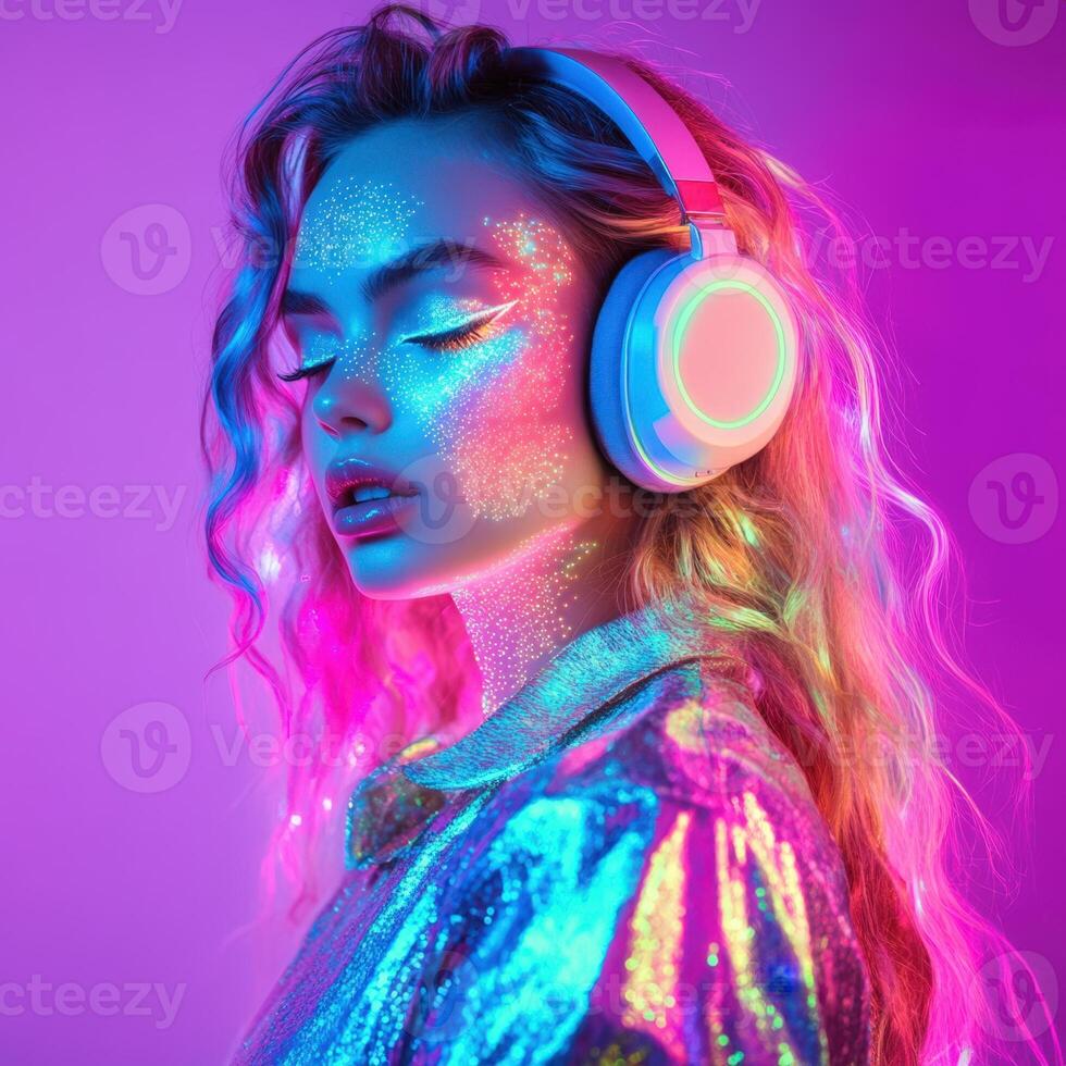 A woman with neon makeup and headphones photo