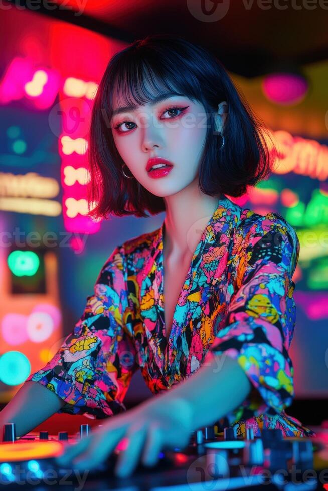 A woman in a colorful dress playing a dj photo