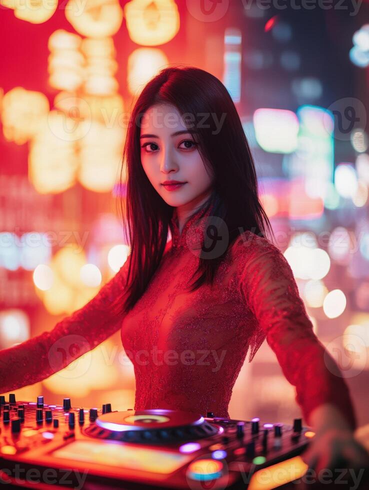 A woman in a red dress is playing a dj photo