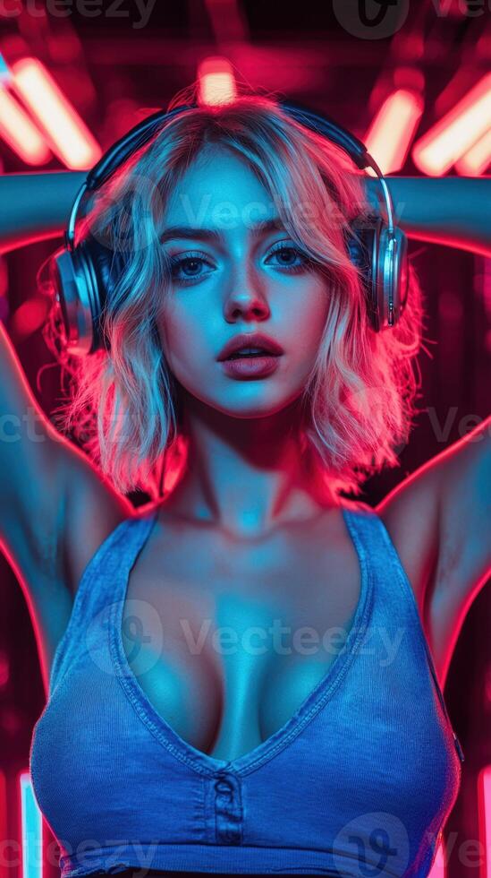A woman in a top with headphones on her head photo