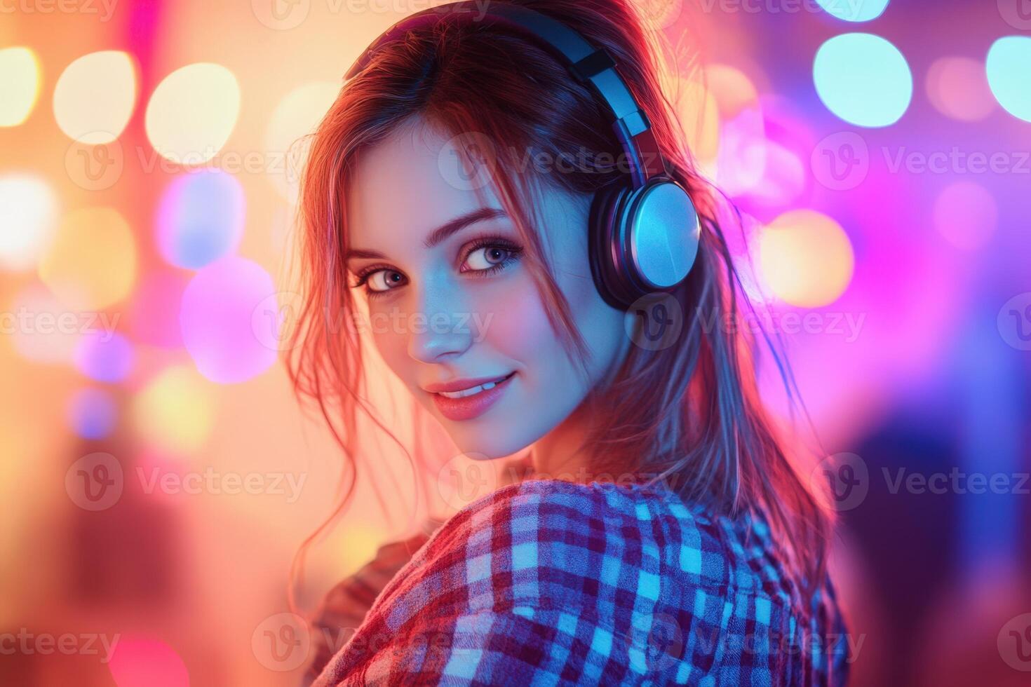 A beautiful young woman with headphones on her head photo