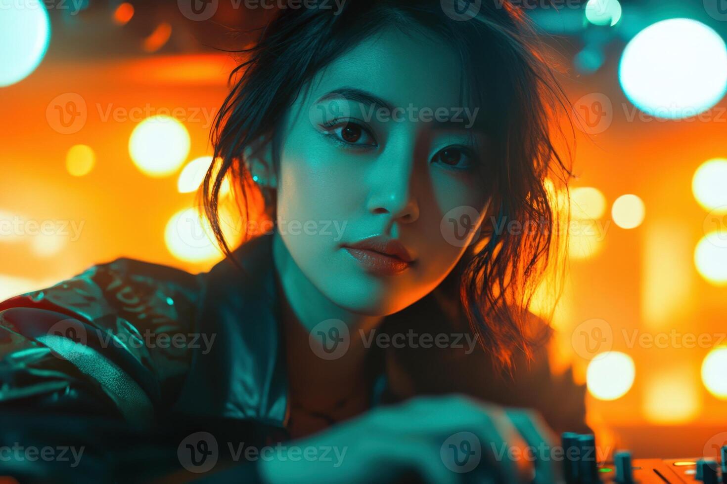 A woman in a black jacket is sitting at a table with a dj mixer photo