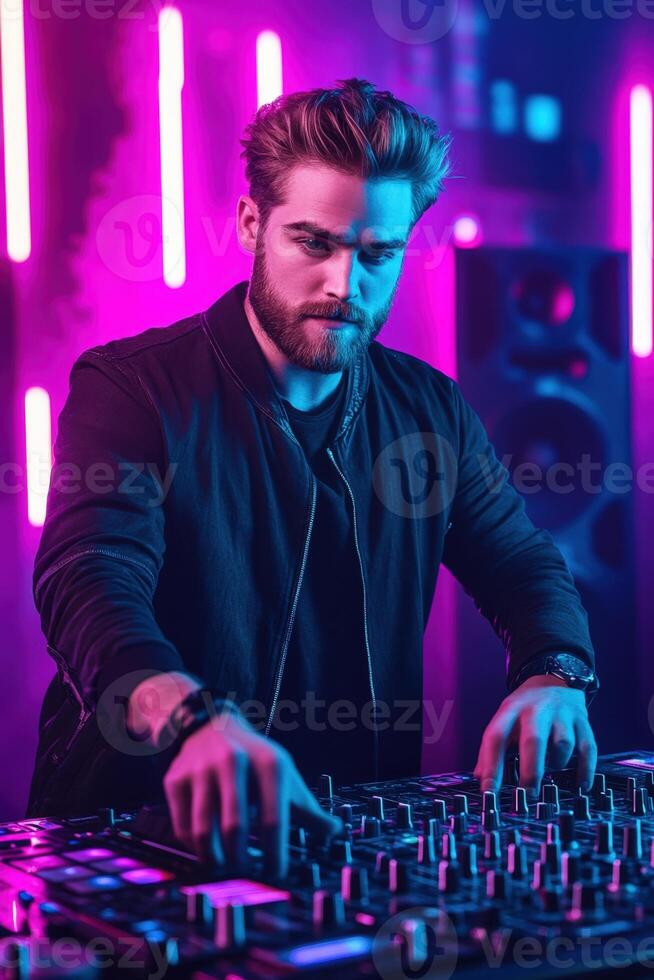 Dj mixing music on a dj mixer photo