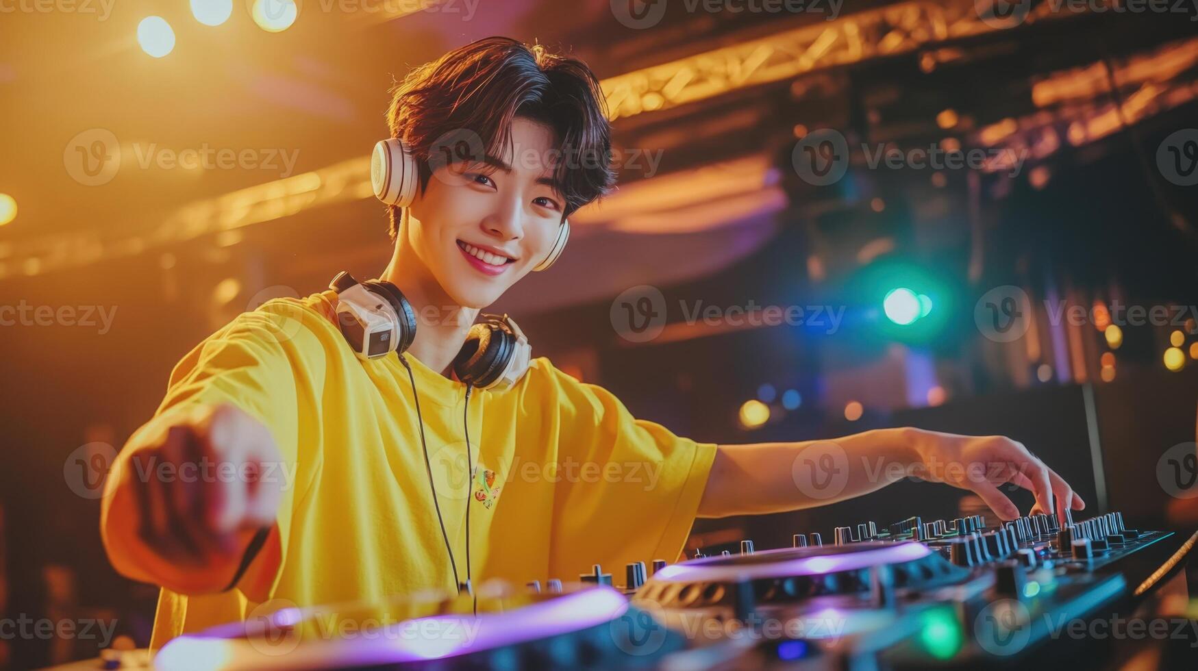 A young man in a yellow shirt playing a dj photo