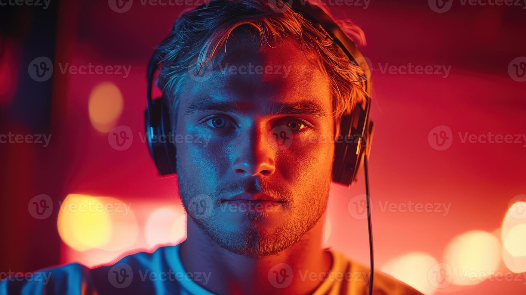 A man wearing headphones in front of a neon light photo