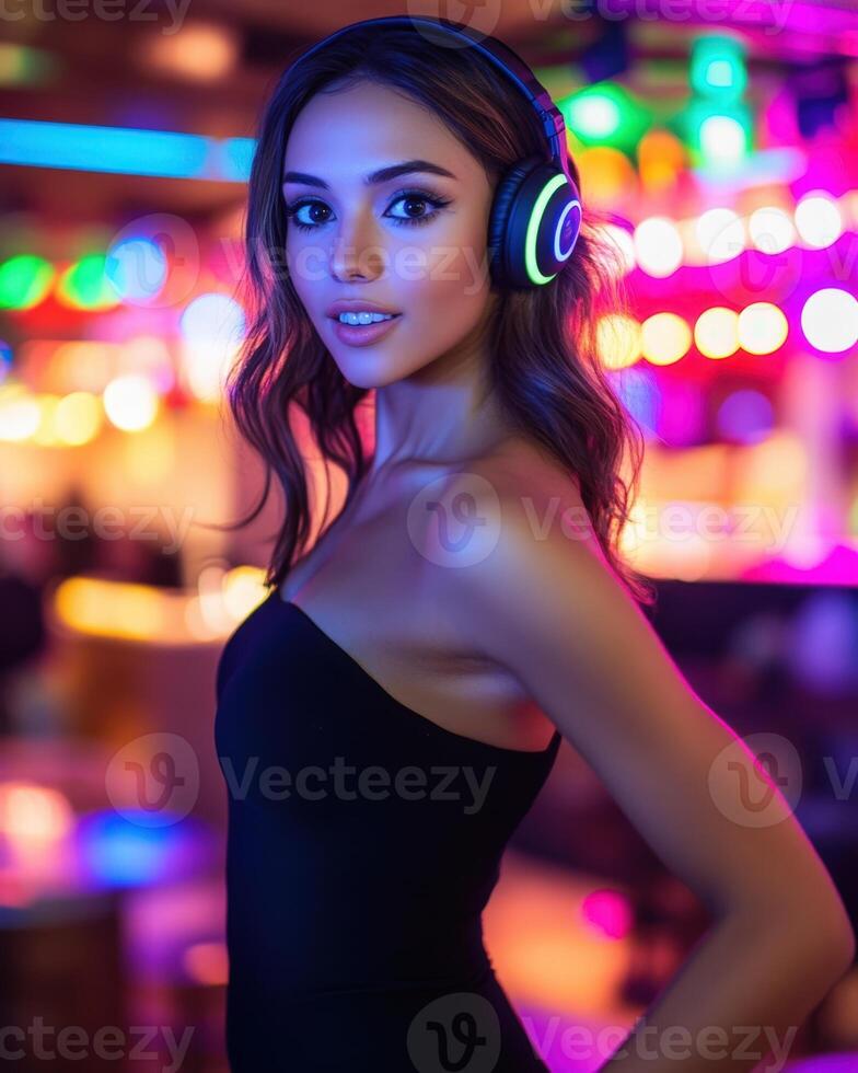 Beautiful young woman in black dress with headphones and neon lights photo