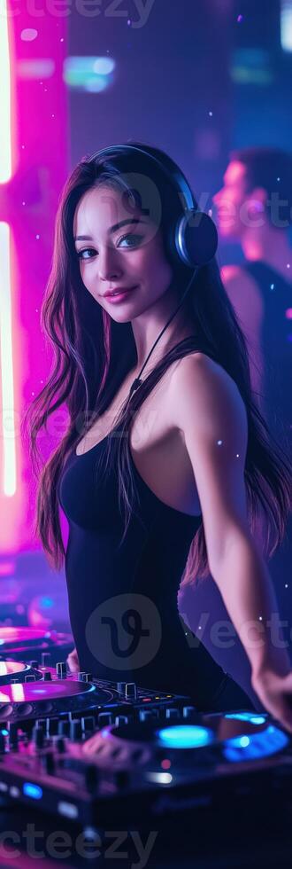 A woman in a black dress and headphones at a dj table photo
