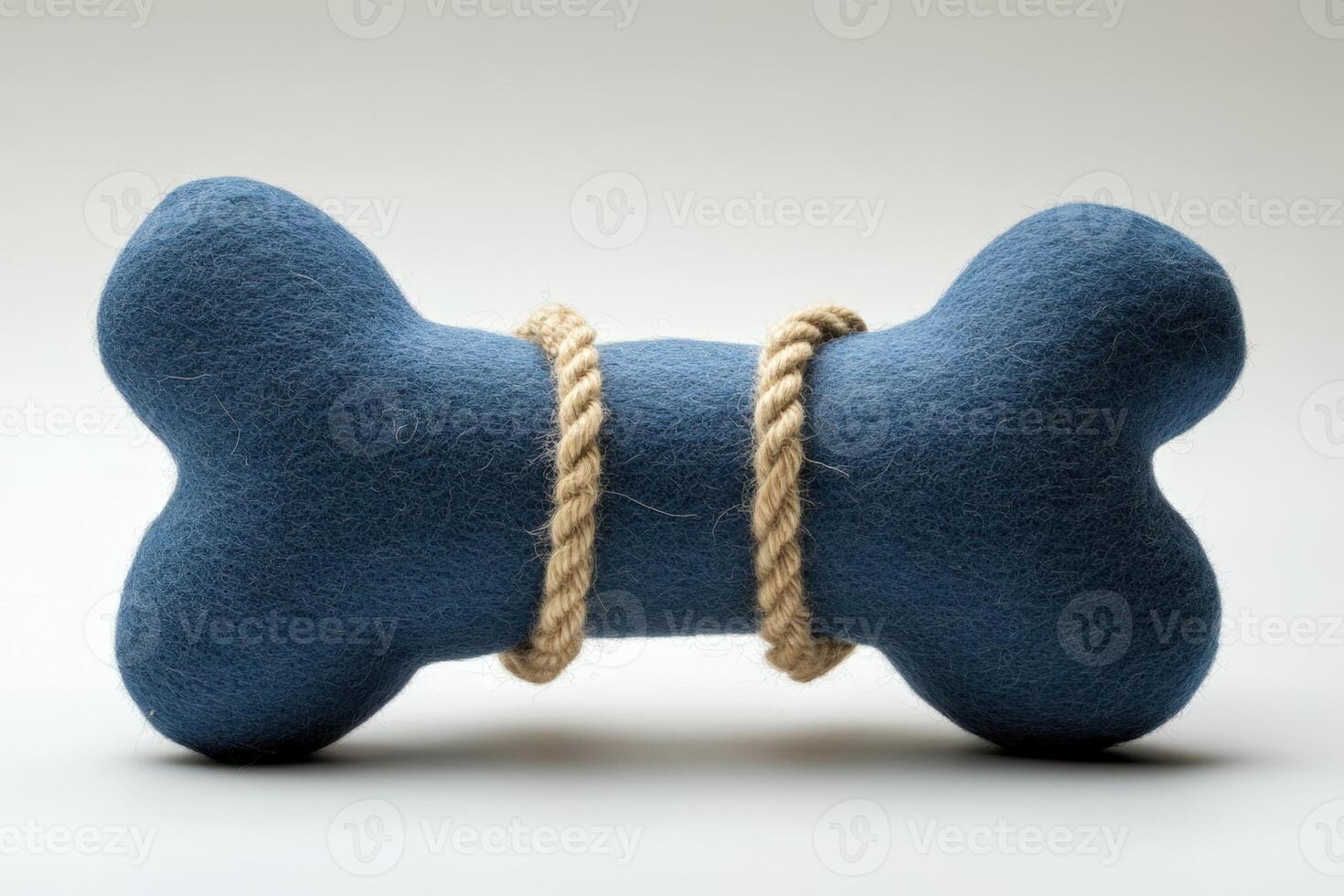 A blue felt bone shaped toy with rope photo