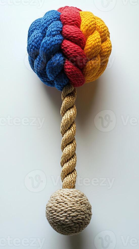 A rope toy with a colorful knitted tree photo