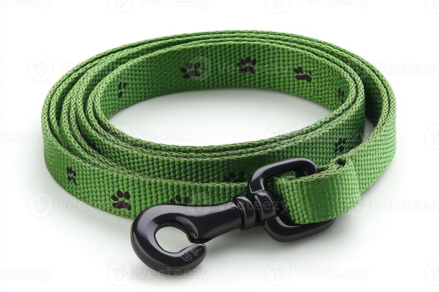 Green nylon dog leash with black paw prints photo