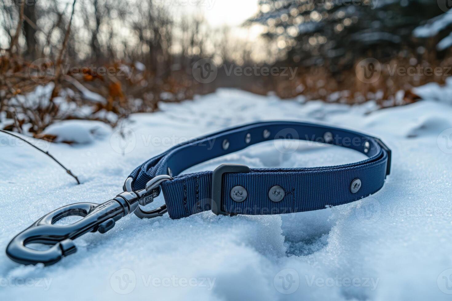 A blue dog collar laying in the snow photo