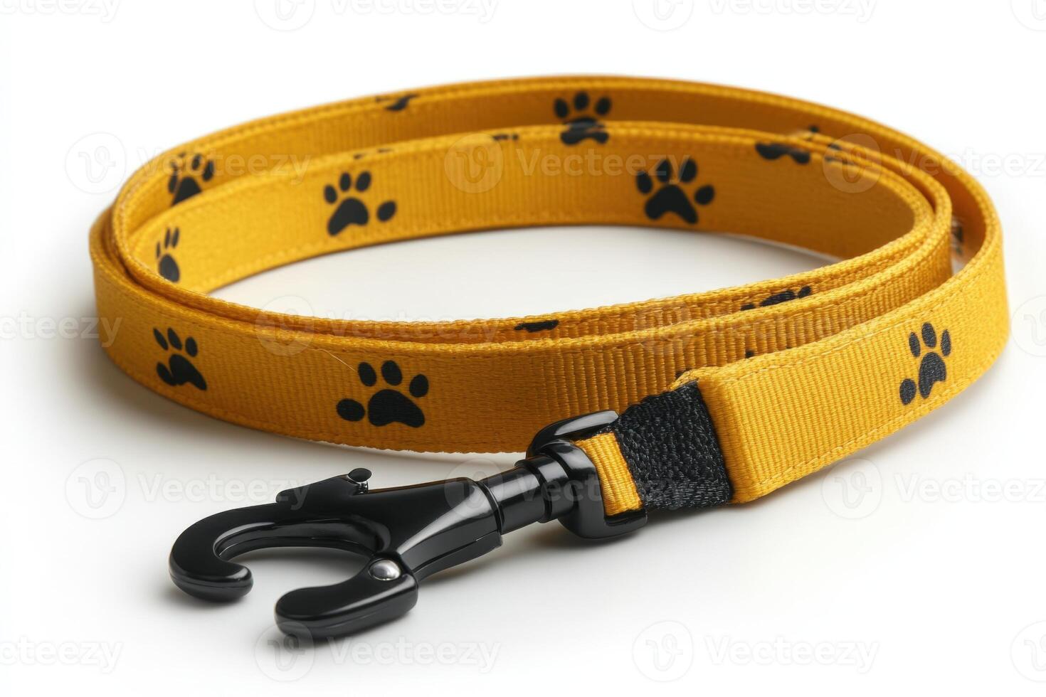 A yellow dog leash with black paw prints photo