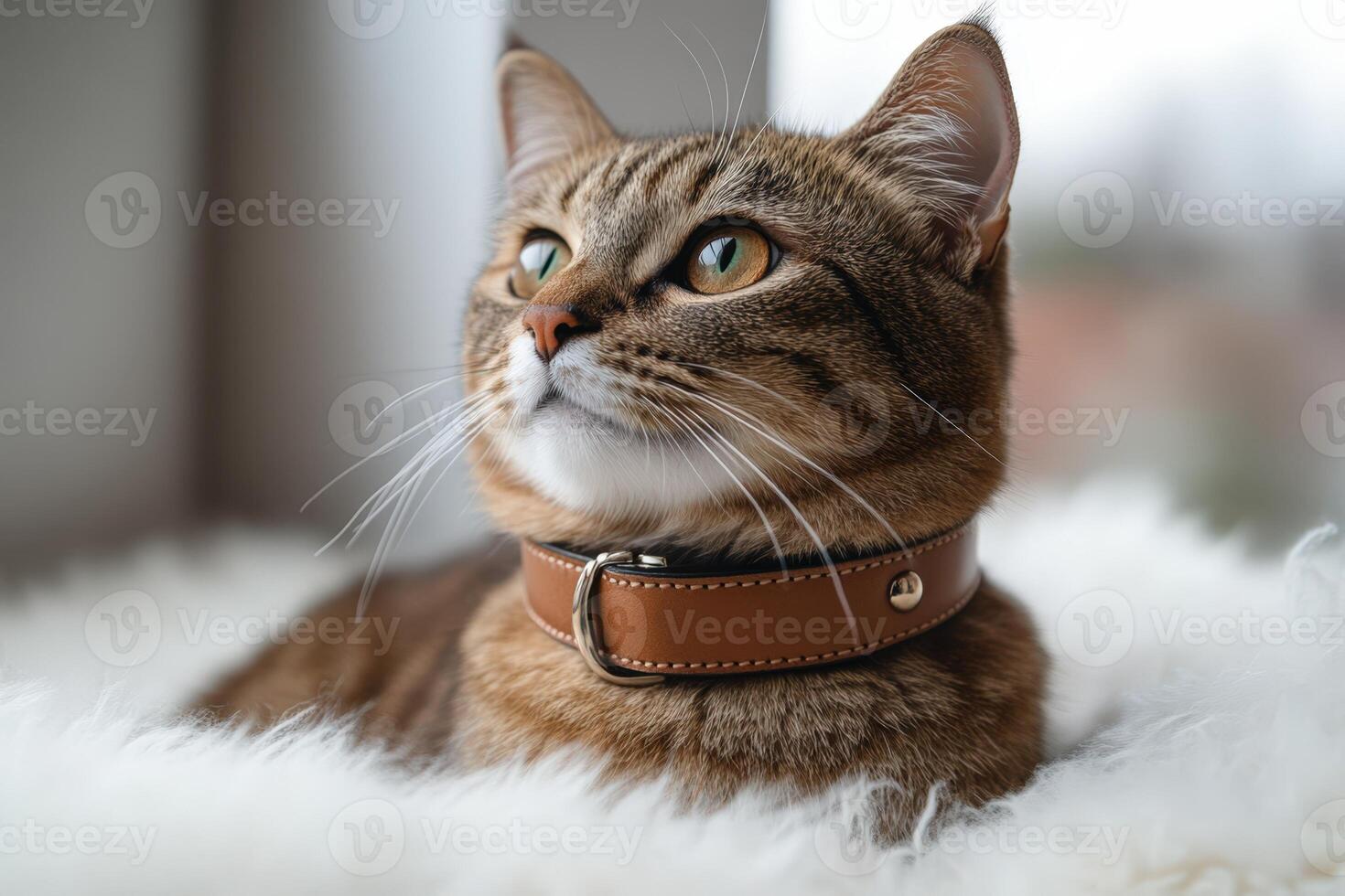 A cat wearing a leather collar on a white fur photo