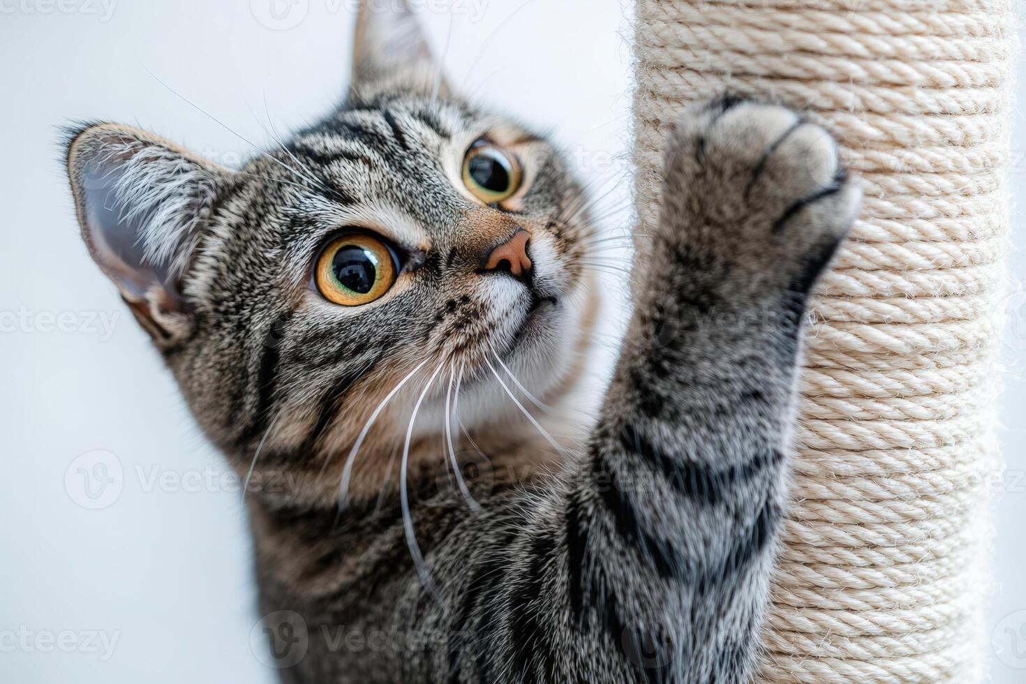 A cat is reaching up to a rope photo