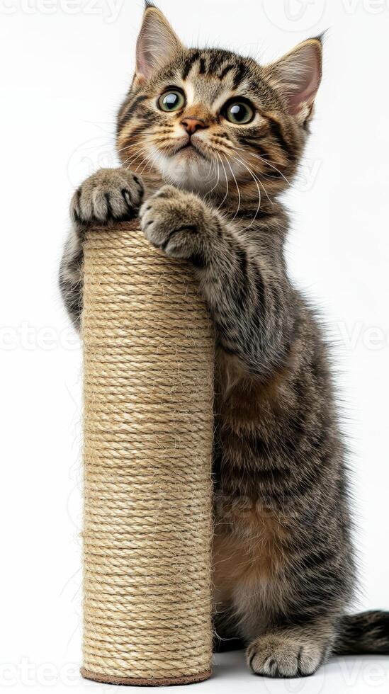 A kitten is standing on top of a roll of yarn photo