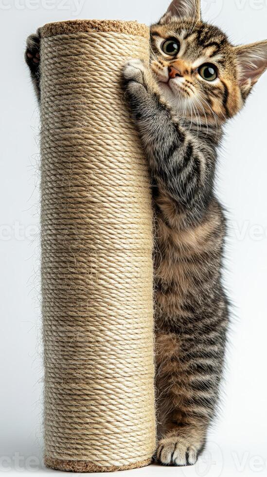 A kitten is standing on top of a large roll of yarn photo