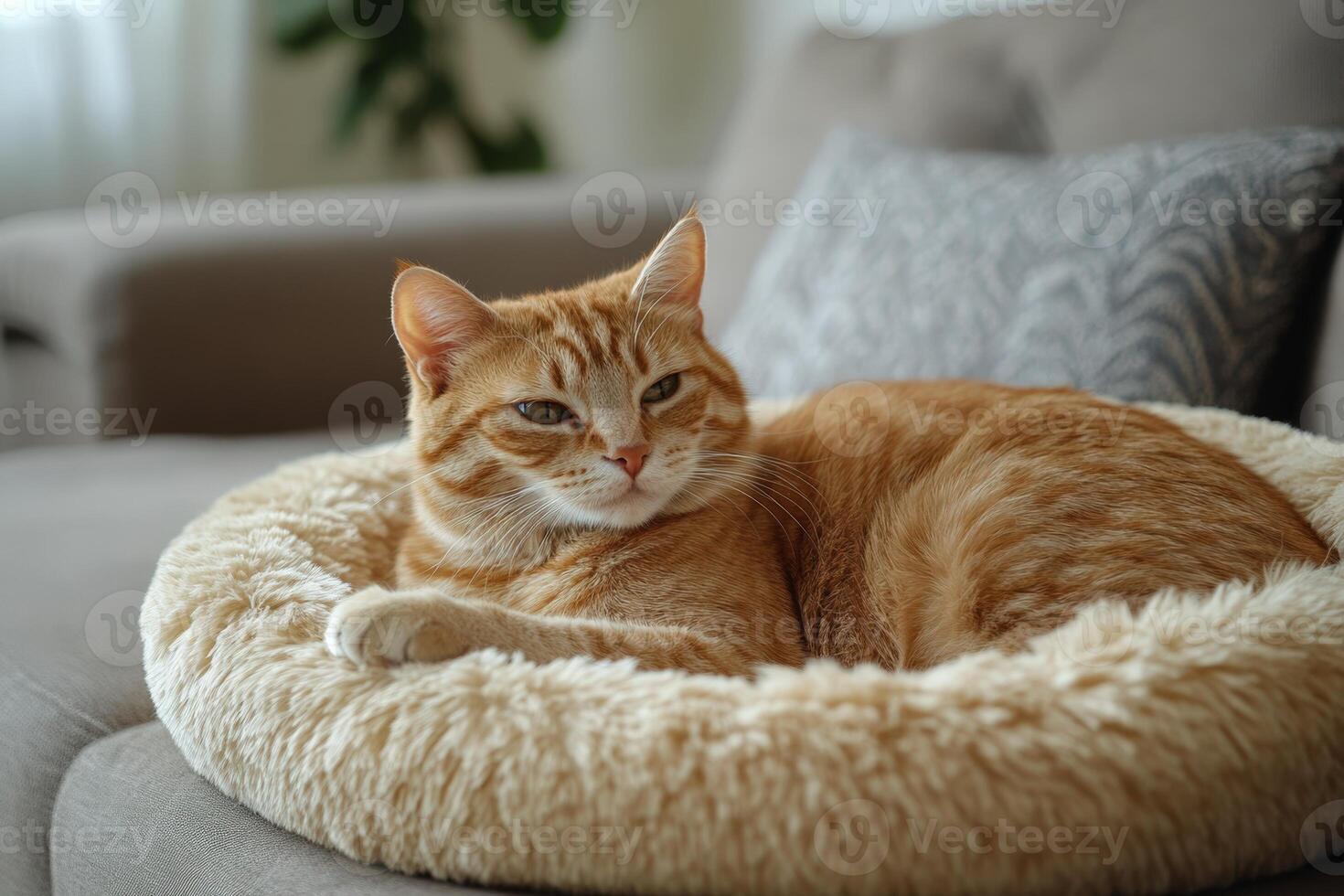 An orange cat laying on top of a fluffy cat bed photo