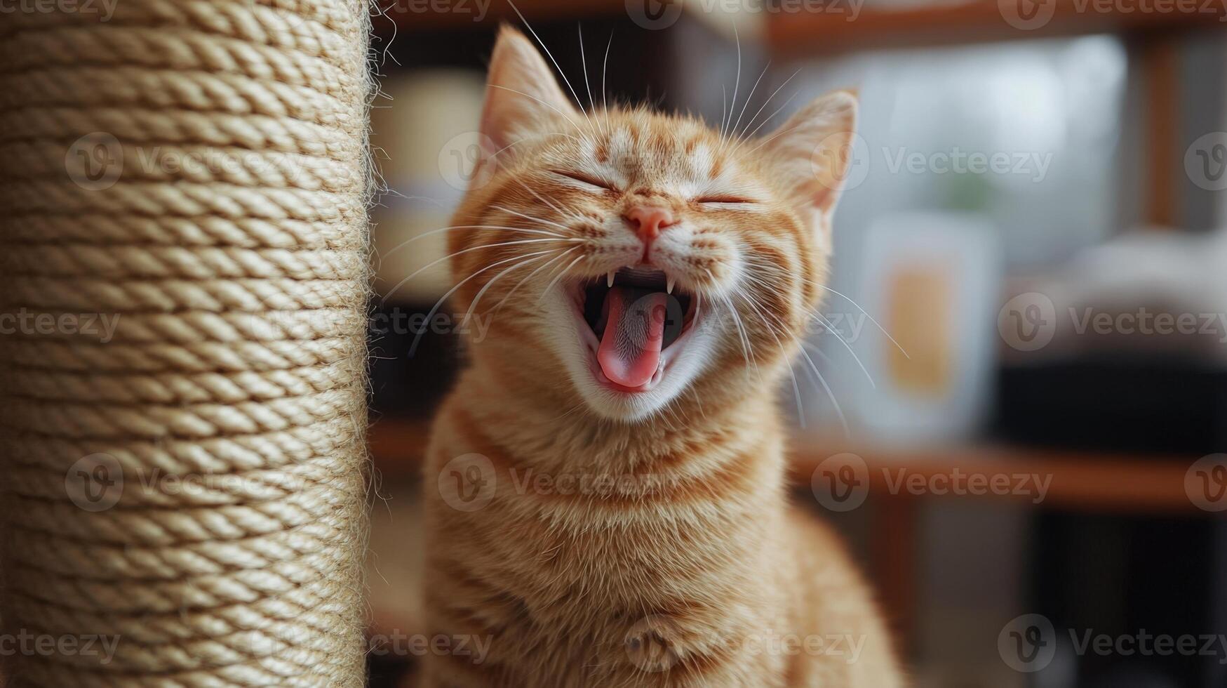 An orange cat yawning while sitting on a cat tree photo