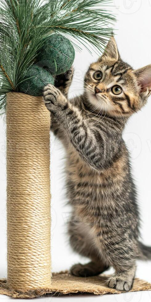 A kitten is reaching up to a tree photo