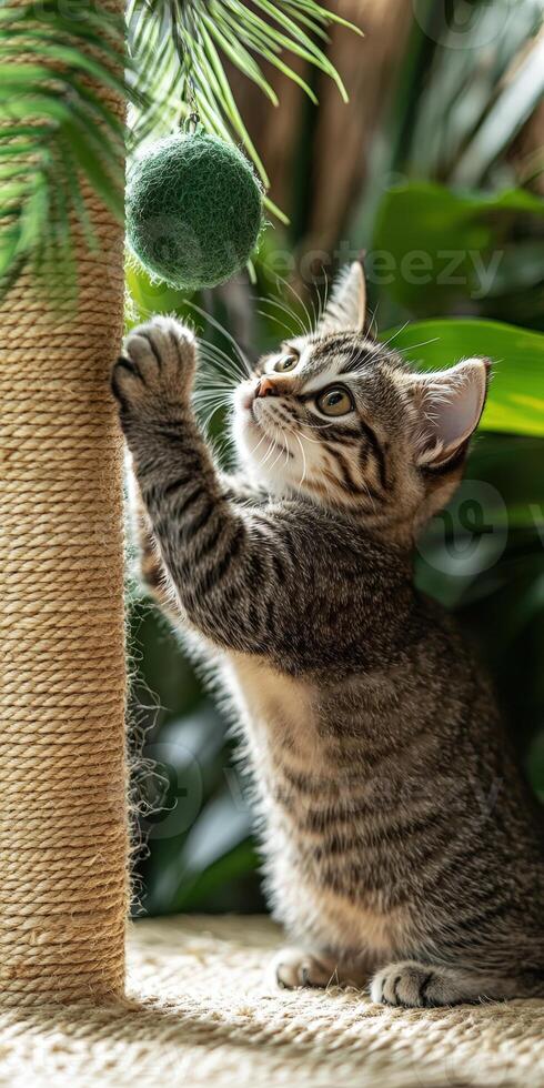 A kitten reaching up to a green ball photo