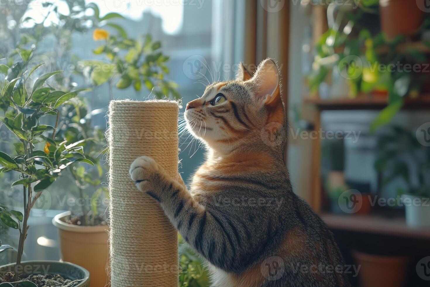 A cat is standing on a scratching post photo