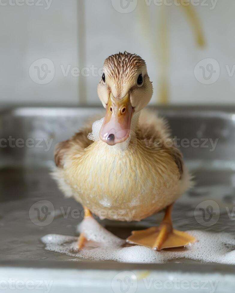 A duck sitting in a sink with soap on it's head photo
