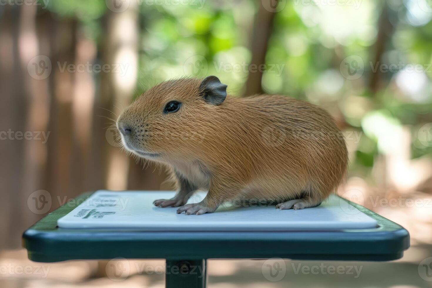 A small guinea pig standing on top of a table photo