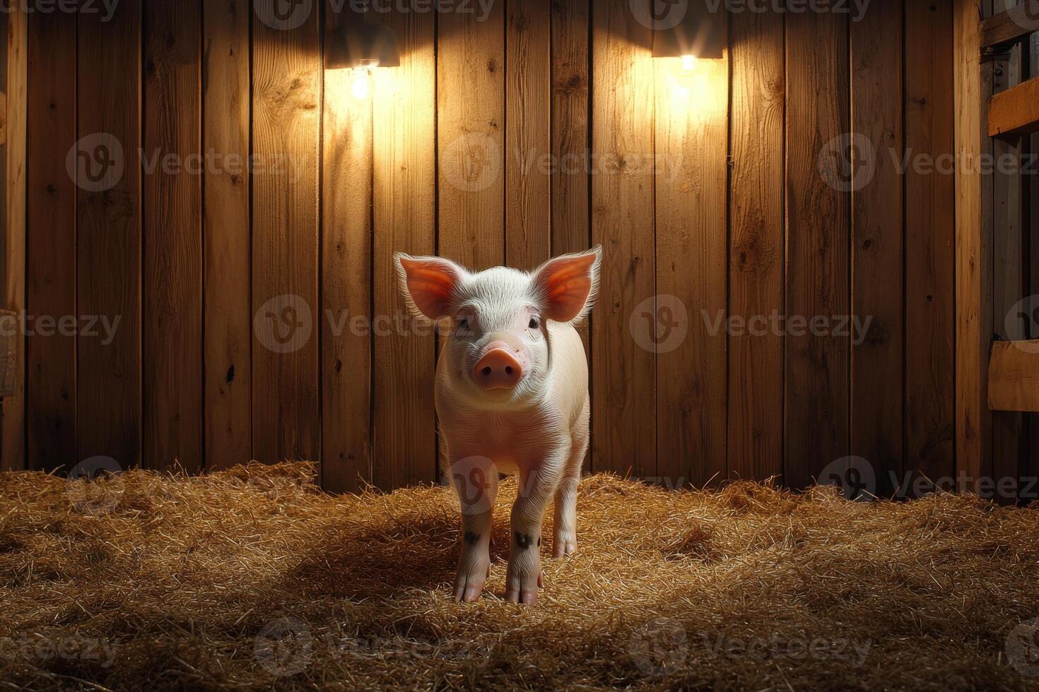 A pig standing in a barn with lights on photo