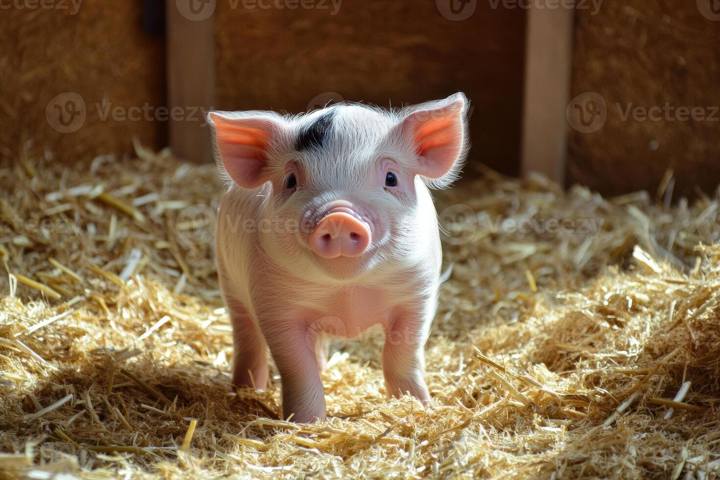 A small pig standing in a hay pile photo