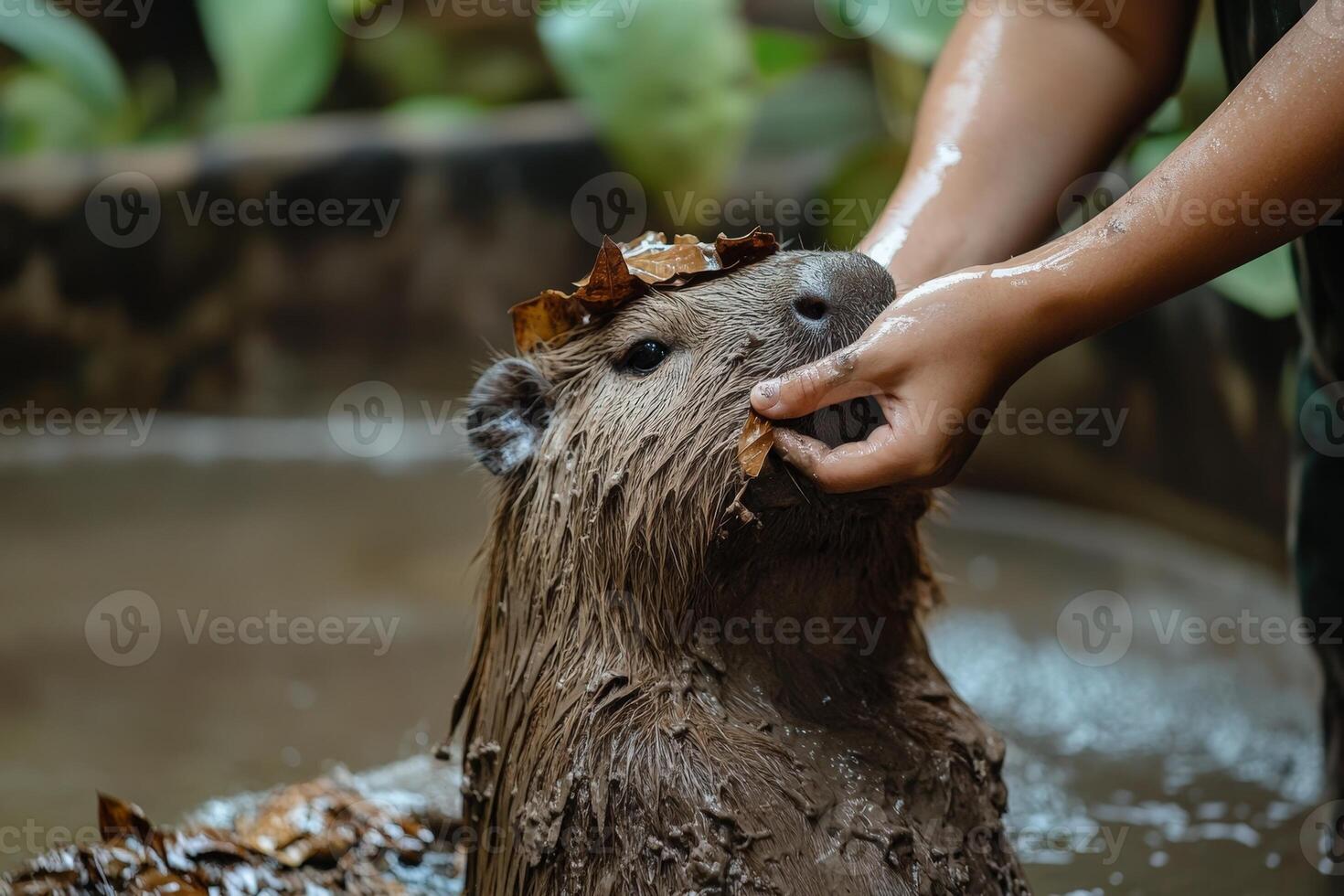 A person is washing a beaver in a bathtub photo