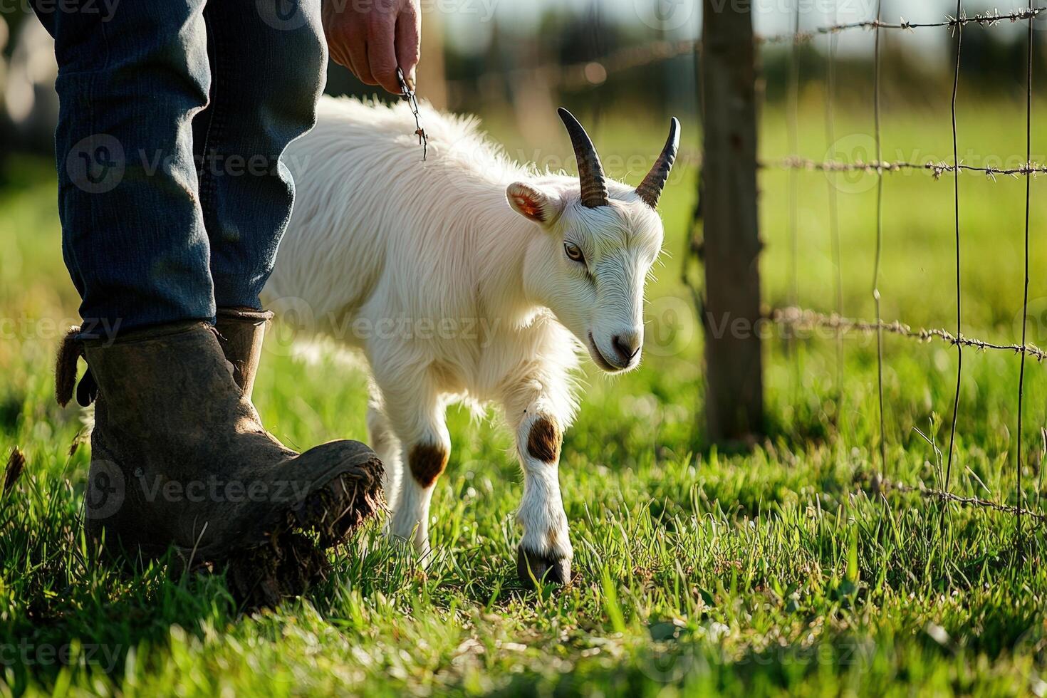 A goat walking on grass next to a fence photo