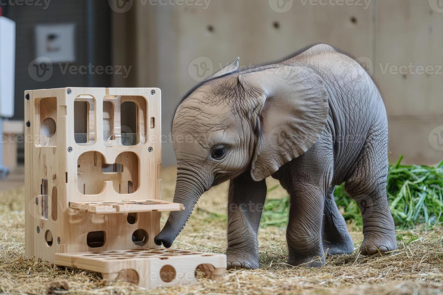 A baby elephant playing with a wooden toy photo