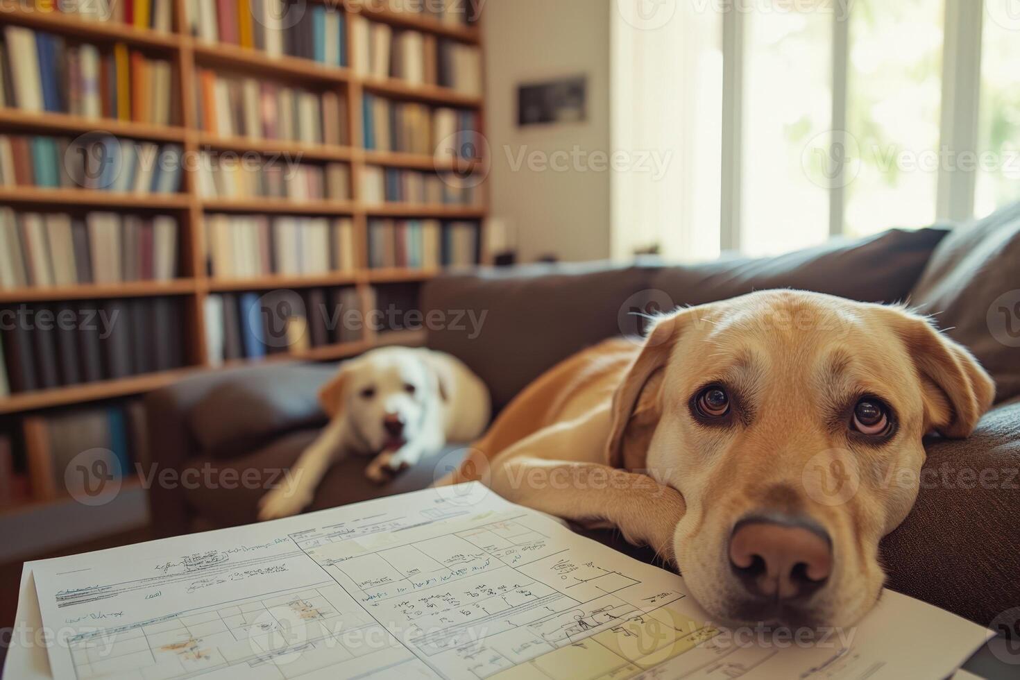 A dog laying on a couch with a paper photo