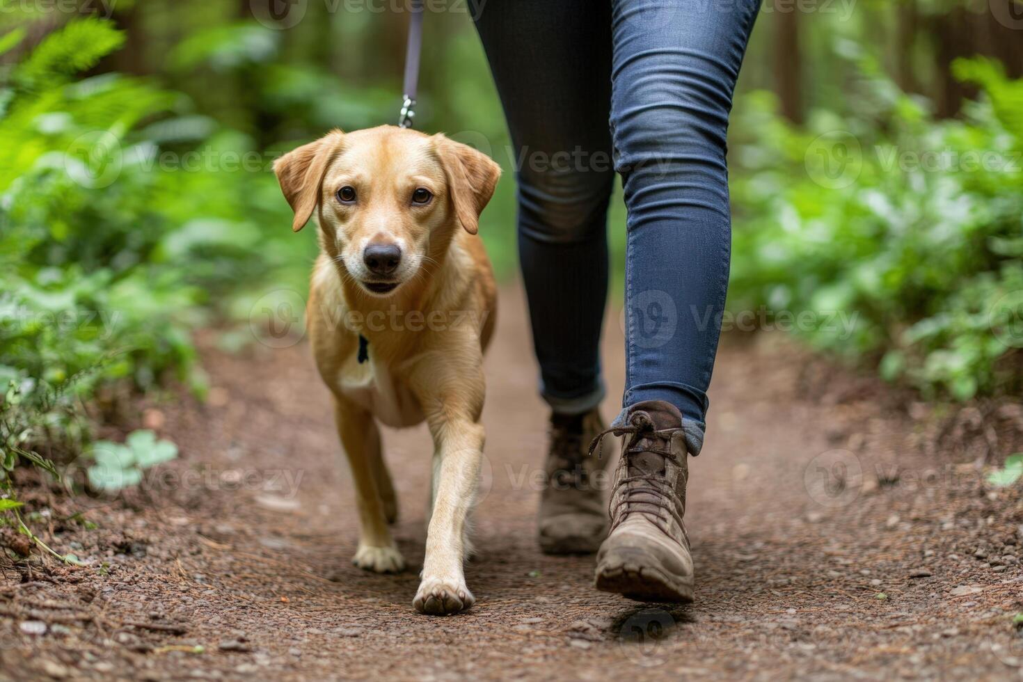 A woman walking her dog on a trail photo