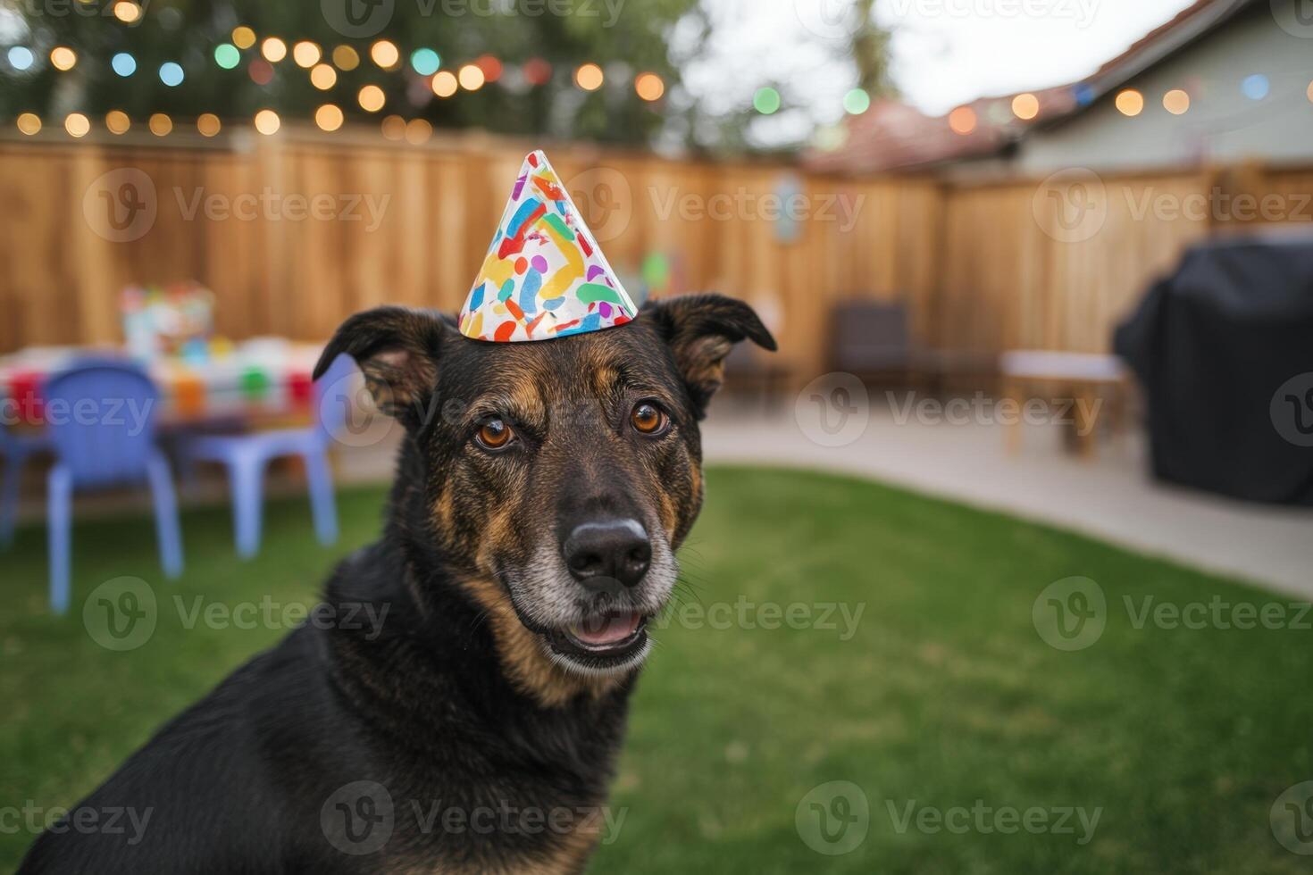 A dog wearing a birthday hat in the backyard photo