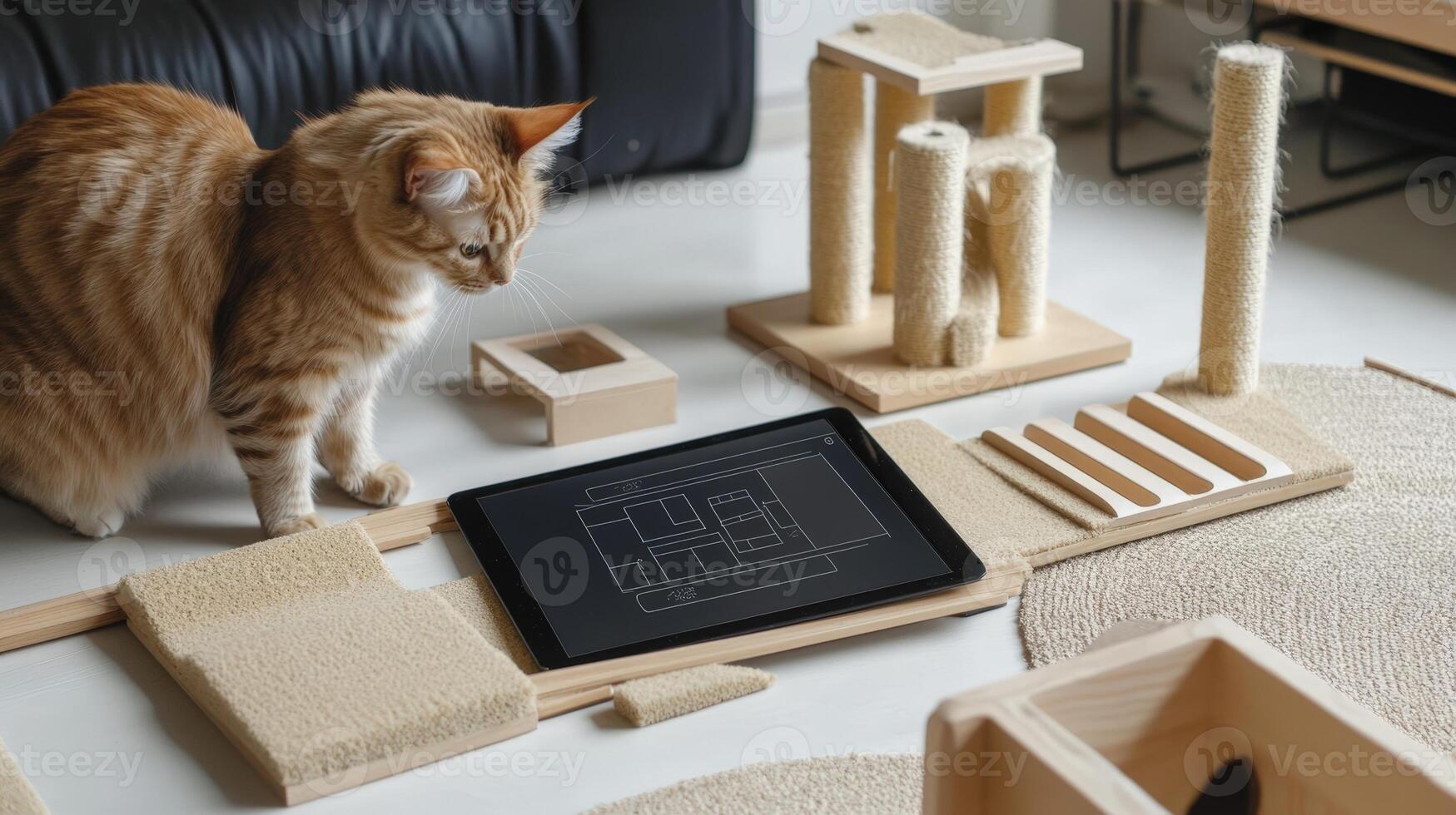 A cat playing with a tablet on a wooden floor photo