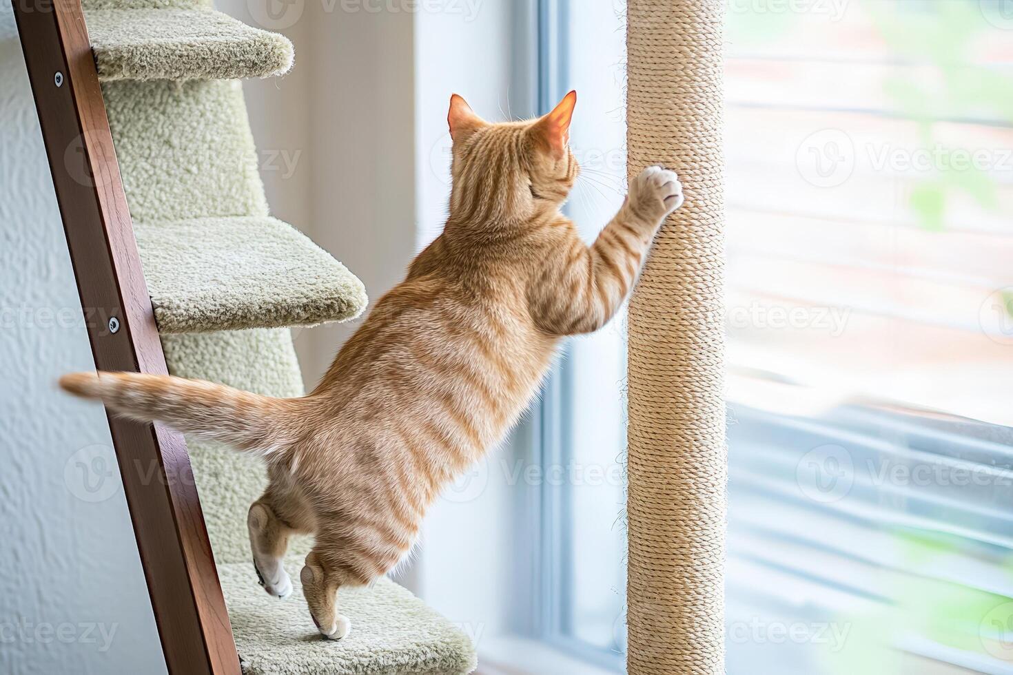 A cat climbing up a ladder to reach a window photo