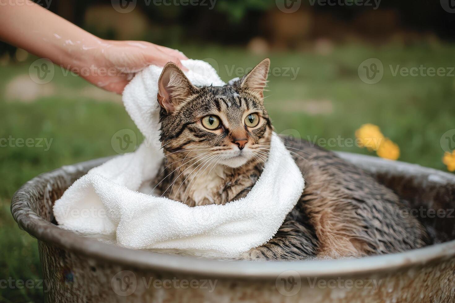 A cat is sitting in a tub with a towel on it photo